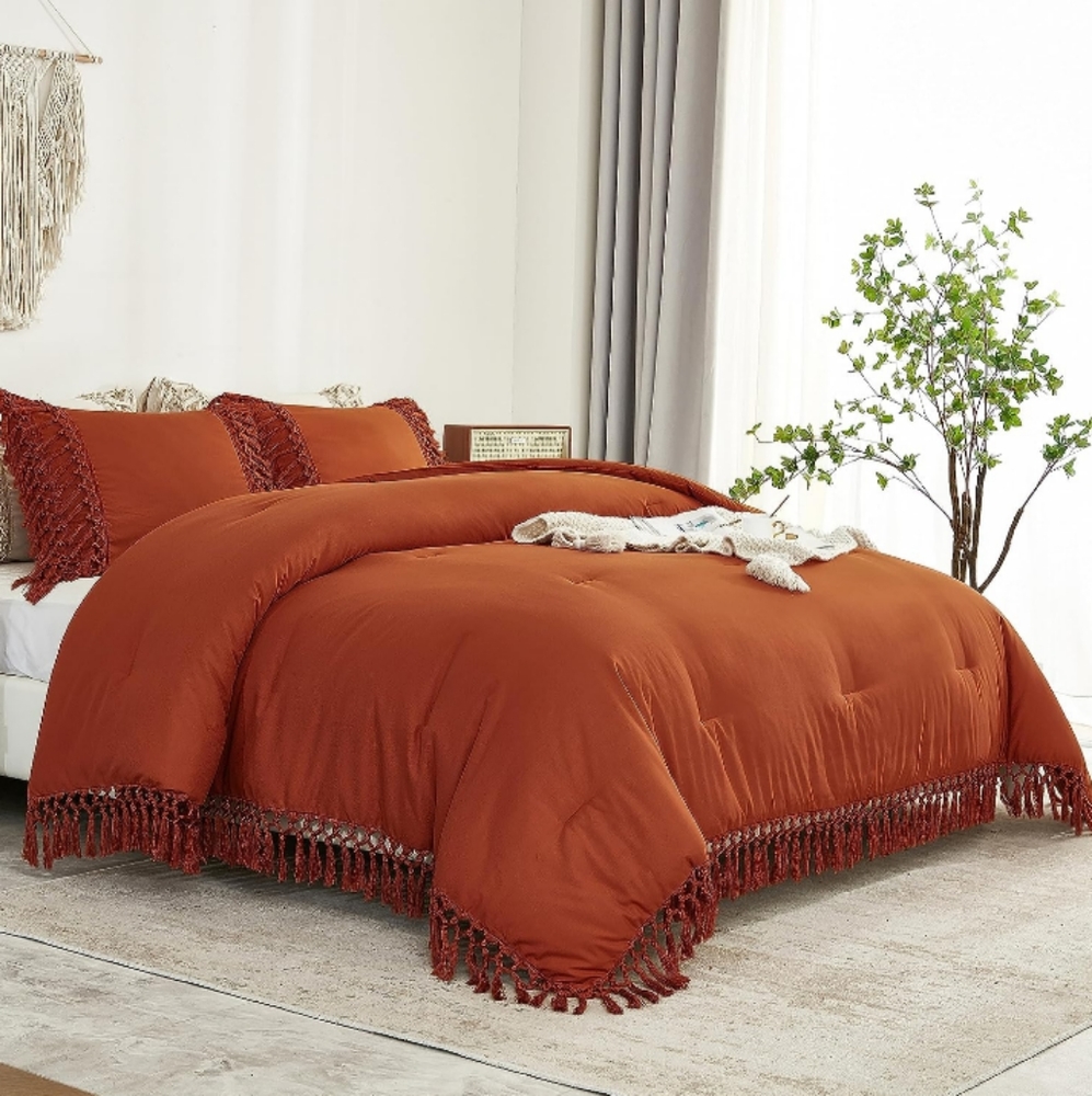 Burnt Orange Boho Tassels California King Size Comforter Shams Rust Bedding Set